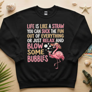 Life Is Like A Straw Blow Bubbles Flamingo T-Shirt - Funny Tropical Summer Vacation Tee for Women - FlamingoAholic