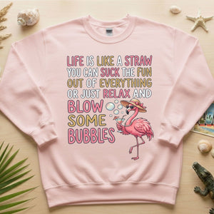 Life Is Like A Straw Blow Bubbles Flamingo T-Shirt - Funny Tropical Summer Vacation Tee for Women - FlamingoAholic