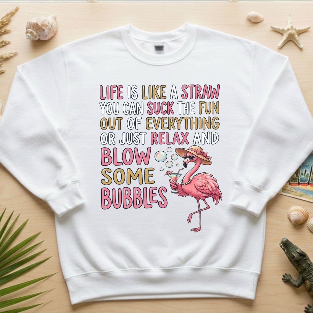 Life Is Like A Straw Blow Bubbles Flamingo T-Shirt - Funny Tropical Summer Vacation Tee for Women - FlamingoAholic