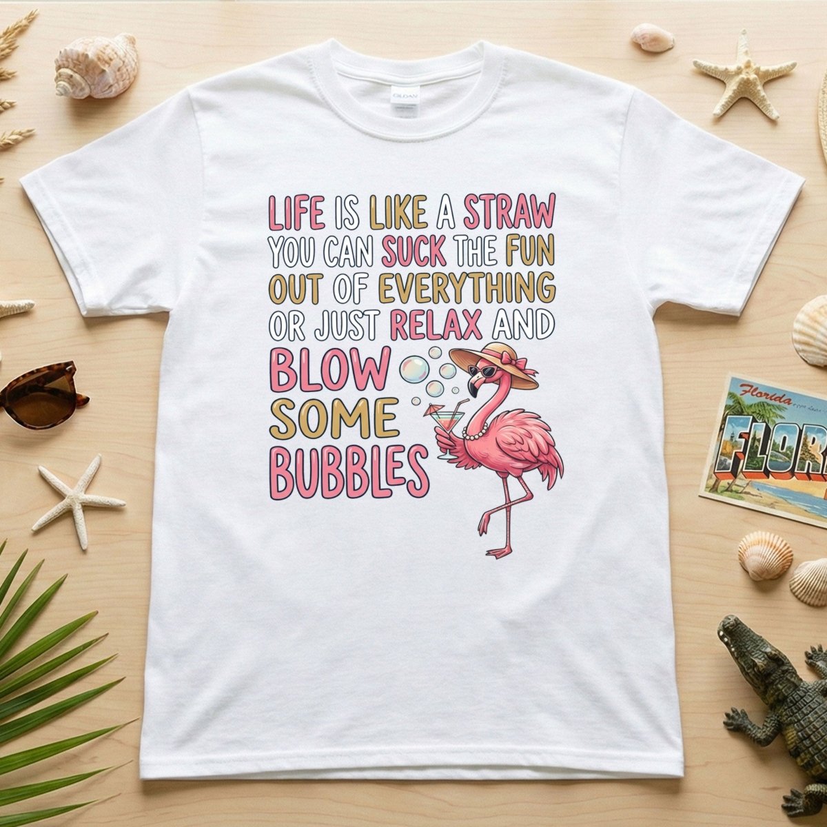 Life Is Like A Straw Blow Bubbles Flamingo T-Shirt - Funny Tropical Summer Vacation Tee for Women - FlamingoAholic