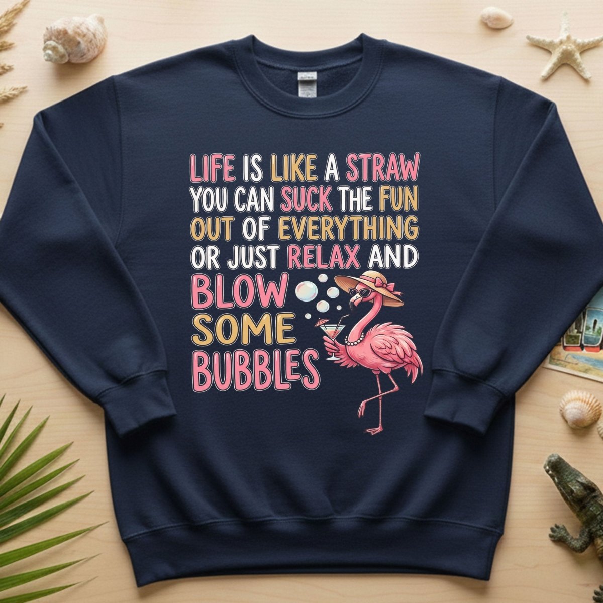 Life Is Like A Straw Blow Bubbles Flamingo T-Shirt - Funny Tropical Summer Vacation Tee for Women - FlamingoAholic