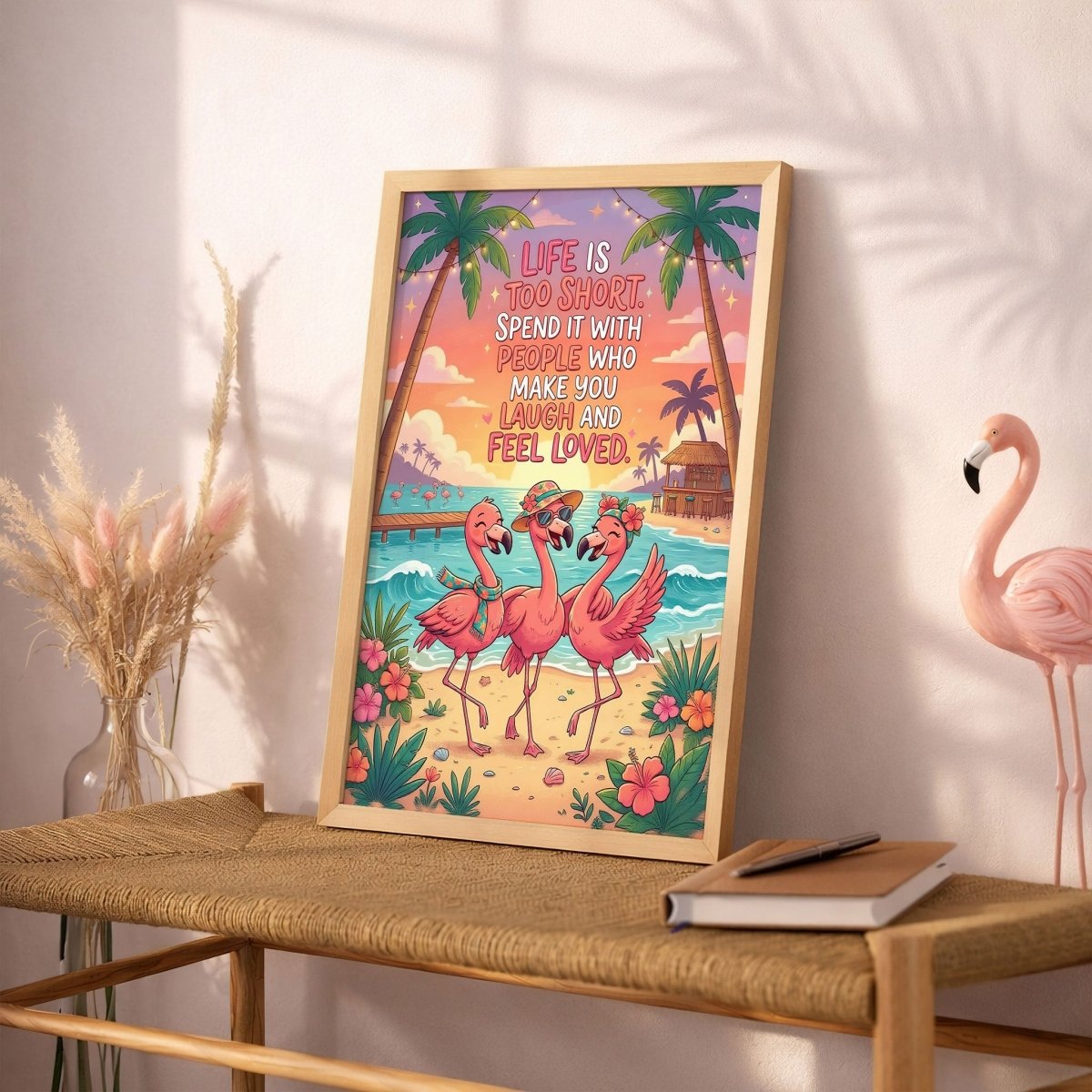 Life Is Too Short – Tropical Flamingo Friends Quote Poster - FlamingoAholic