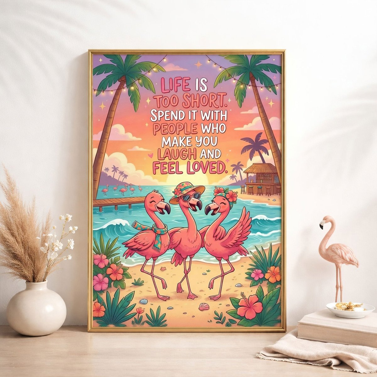 Life Is Too Short – Tropical Flamingo Friends Quote Poster - FlamingoAholic