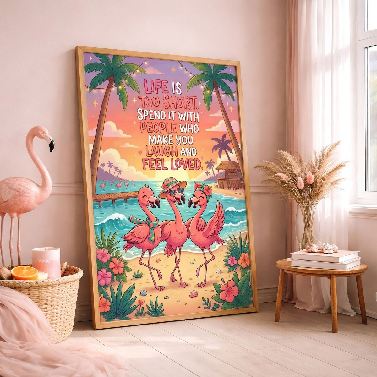 Life Is Too Short – Tropical Flamingo Friends Quote Poster - FlamingoAholic