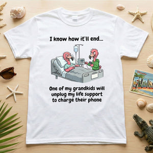 Life Support Grandkids Flamingo Funny T-Shirt - Dark Humor Sarcastic Saying Tee - FlamingoAholic