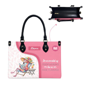 Luxurious Personalized Book Flamingo Leather Handbag - Custom Name Gift for Book Lovers - FlamingoAholic
