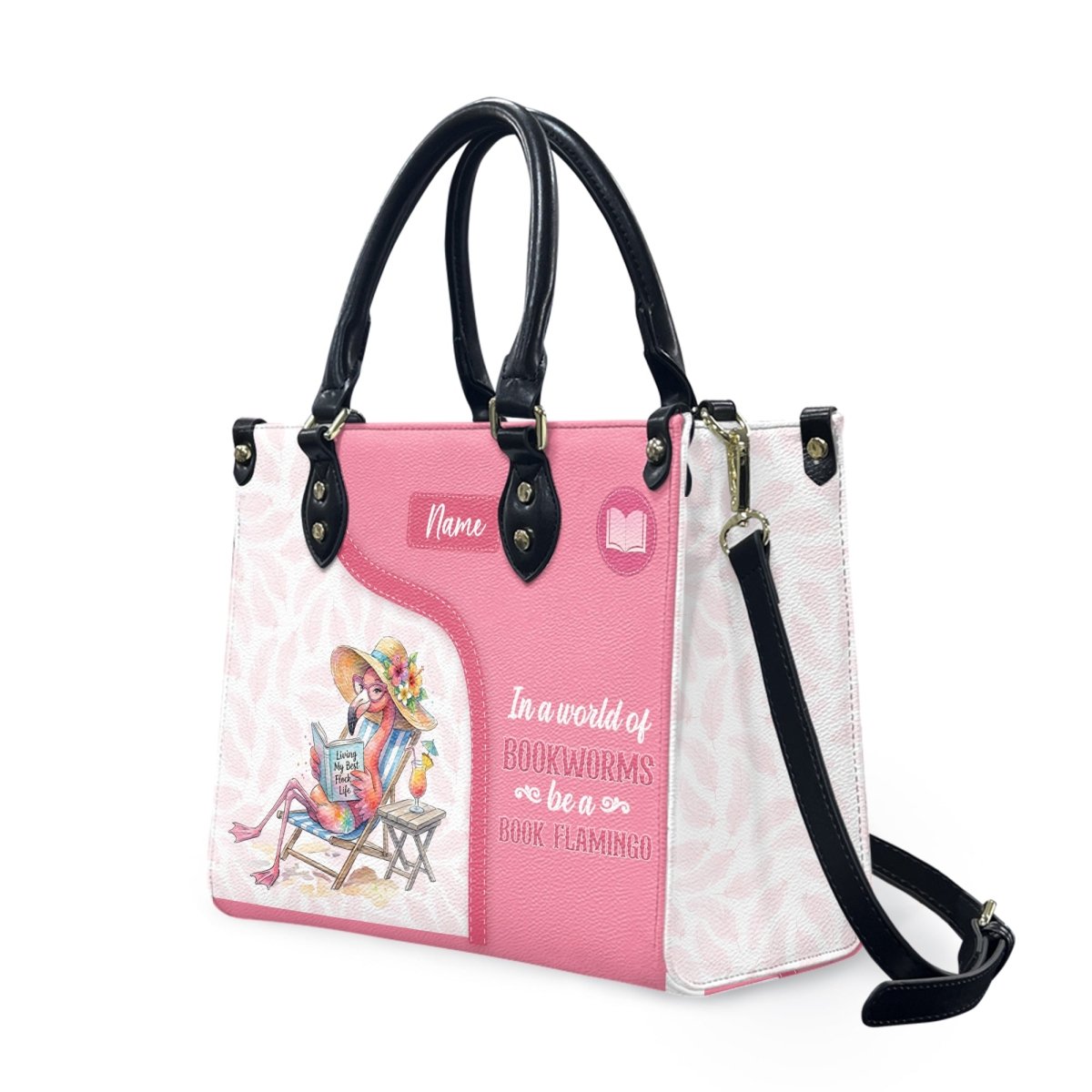 Luxurious Personalized Book Flamingo Leather Handbag - Custom Name Gift for Book Lovers - FlamingoAholic
