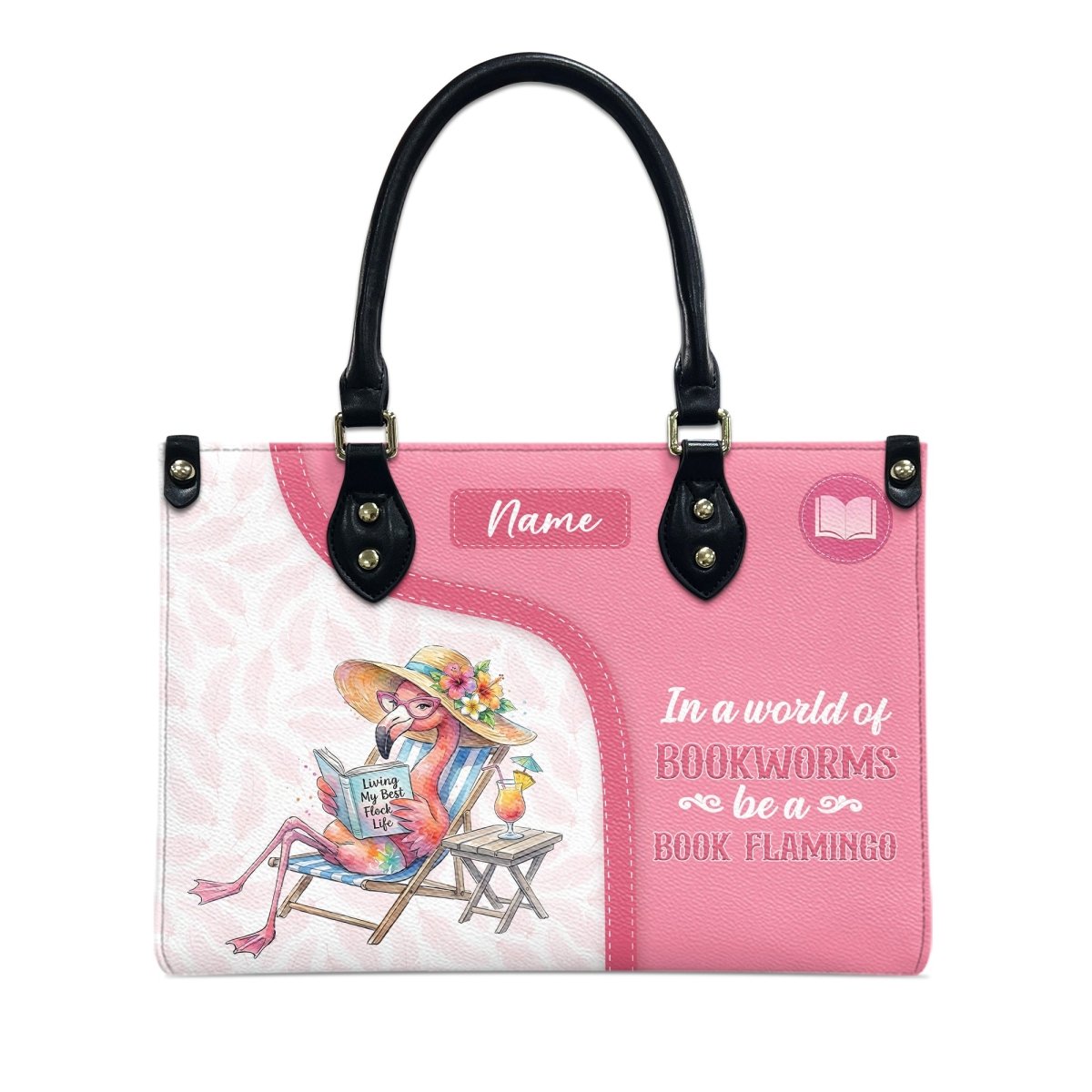 Luxurious Personalized Book Flamingo Leather Handbag - Custom Name Gift for Book Lovers - FlamingoAholic
