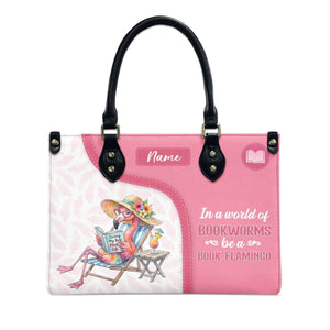 Luxurious Personalized Book Flamingo Leather Handbag - Custom Name Gift for Book Lovers - FlamingoAholic