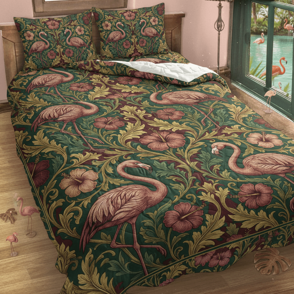 Luxury Vintage Botanical Flamingo Quilt Set - Soft, Hypoallergenic Bedding - FlamingoAholic