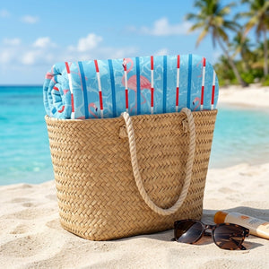 Mamamingo Beach Towel - "Keepin' The Flock In Line" Striped Summer Gift - FlamingoAholic