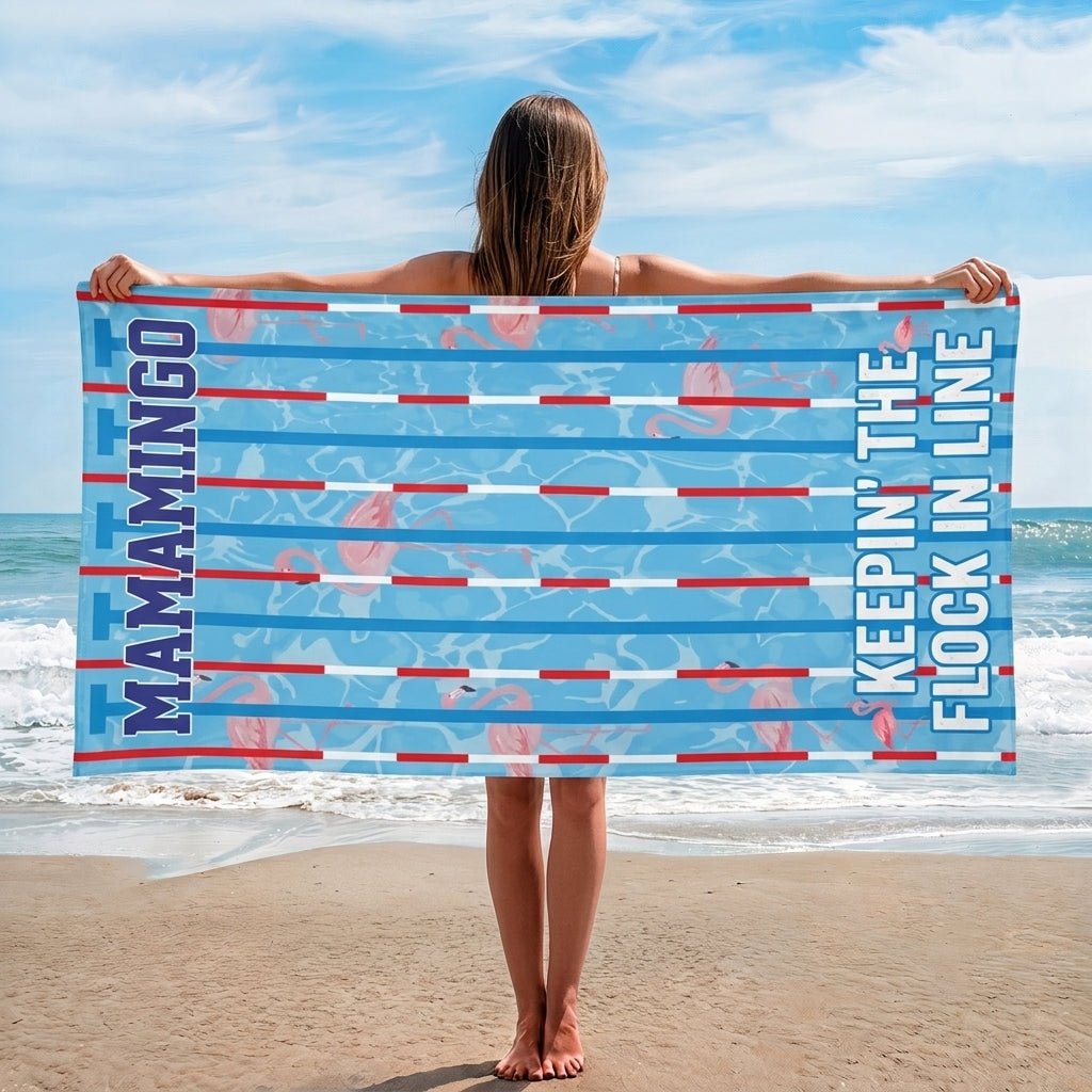 Mamamingo Beach Towel - "Keepin' The Flock In Line" Striped Summer Gift - FlamingoAholic
