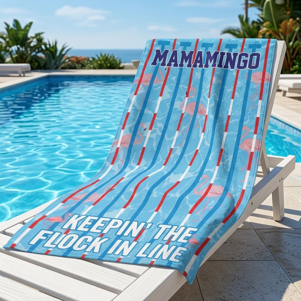 Mamamingo Beach Towel - "Keepin' The Flock In Line" Striped Summer Gift - FlamingoAholic