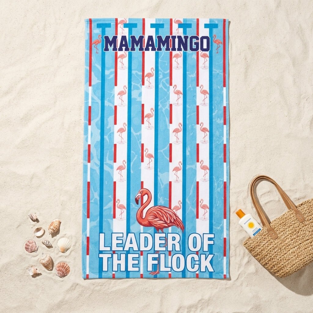 Mamamingo Beach Towel - "Leader of the Flock" Striped Summer Vacation Gift - FlamingoAholic