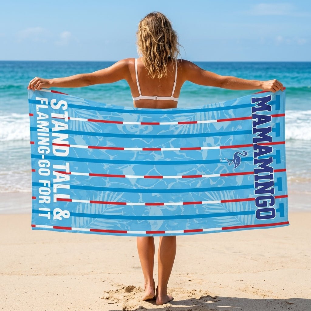 Mamamingo Beach Towel - "Stand Tall & Flaming-Go For It" Striped Summer Gift - FlamingoAholic