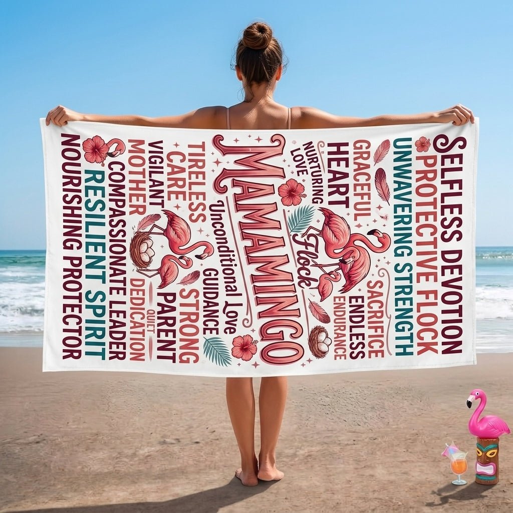 "Mamamingo" Tribute Beach Towel - Meaningful Mother's Day Gift & Summer Accessory - FlamingoAholic