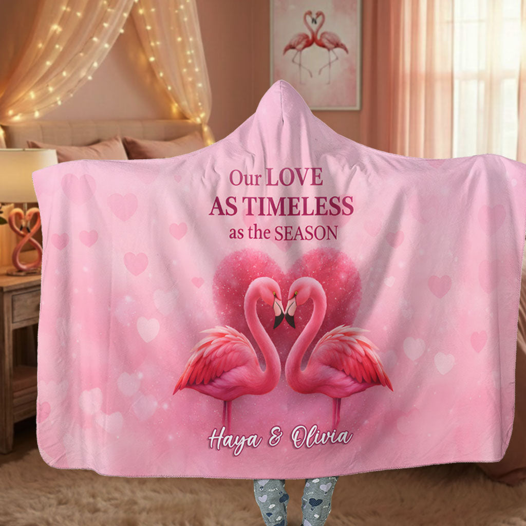 Personalized Flamingo Hooded Blanket – “Our Love as Timeless” Custom Name Wearable Blanket, Cozy Romantic Gift for Couples