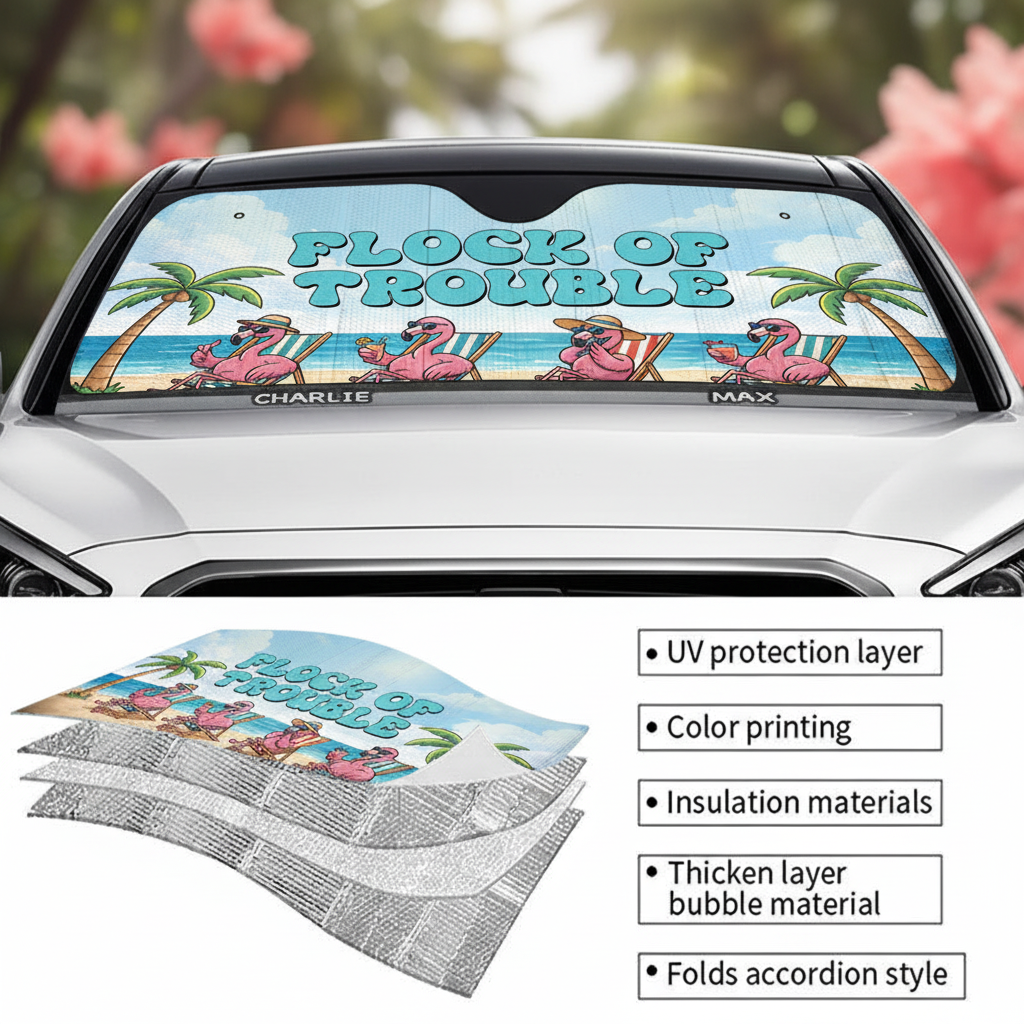 Funny "Flock of Trouble" Flamingo Car Sun Shade - Tropical Auto Windshield Protection