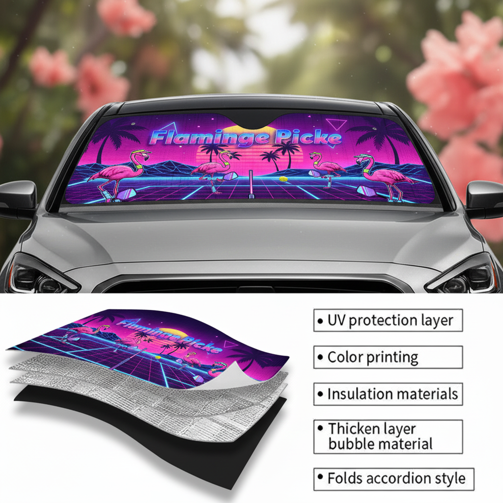 Electric Neon Flamingo Pickleball Car Sun Shade - Universal Windshield UV Protector