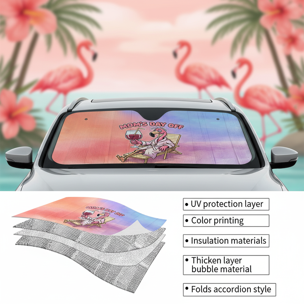 Hilarious Flamingo "Mom's Day Off" Car Sun Shade - Premium Auto Windshield Protector Gift