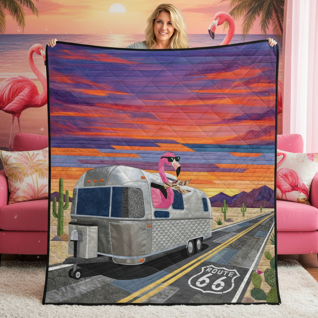 Vibrant Desert Sunset Flamingo Quilt Blanket - Route 66 RV Camper Decor