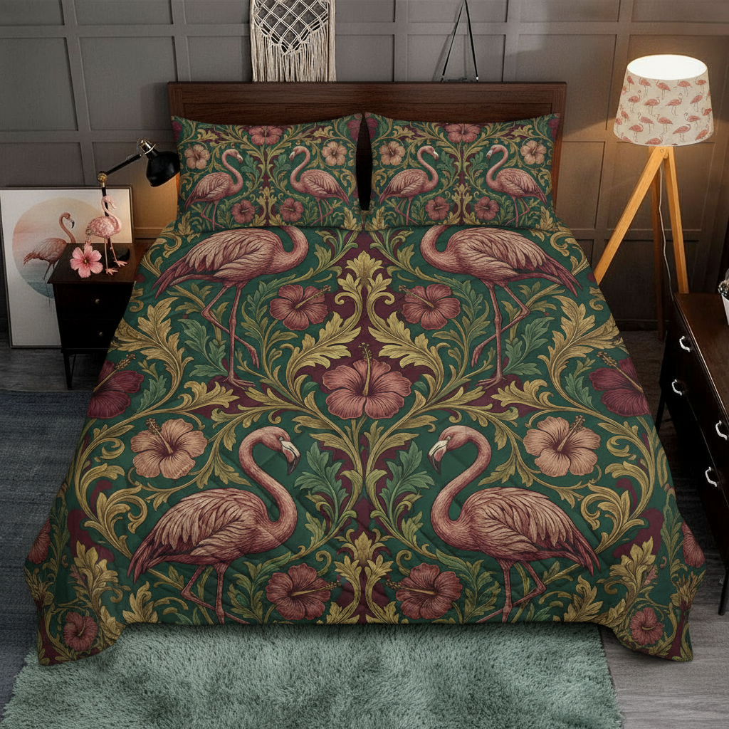 Luxury Vintage Botanical Flamingo Quilt Set - Soft, Hypoallergenic Bedding