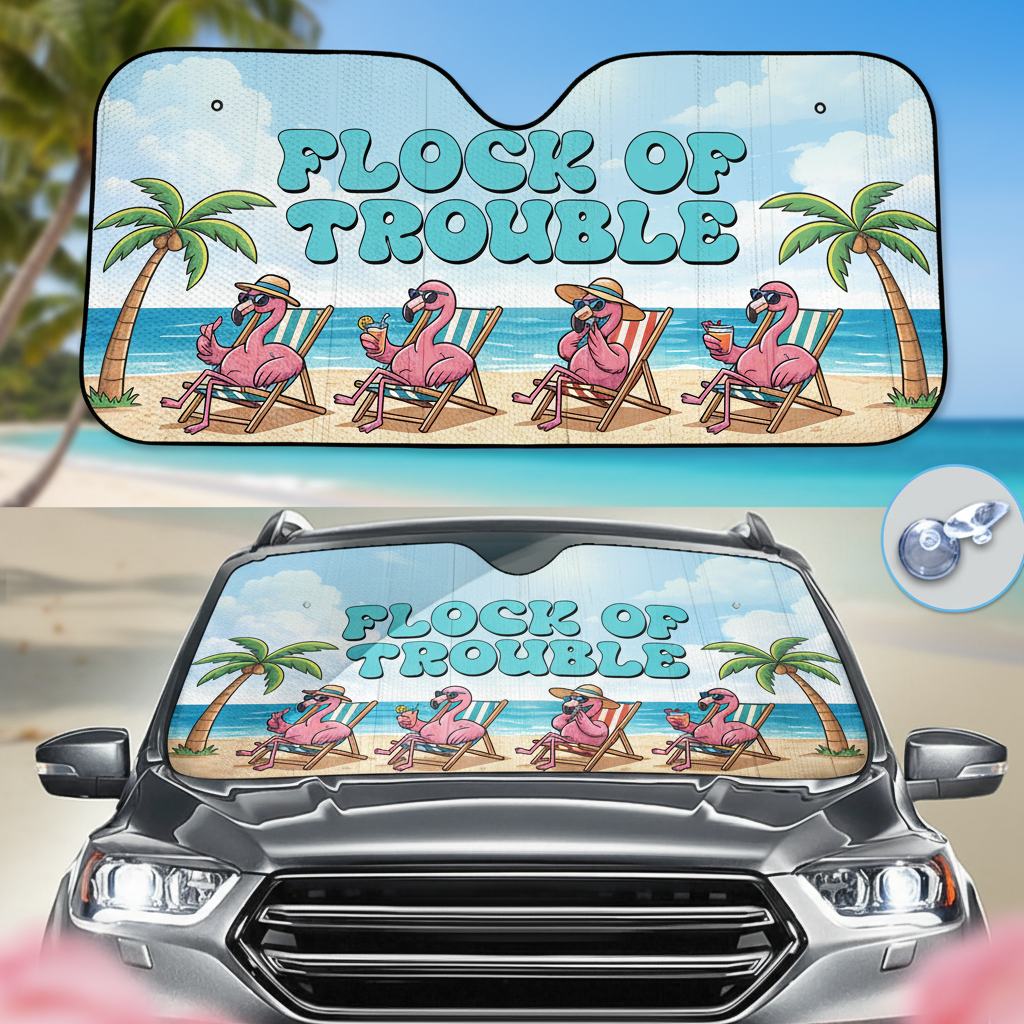 Funny "Flock of Trouble" Flamingo Car Sun Shade - Tropical Auto Windshield Protection