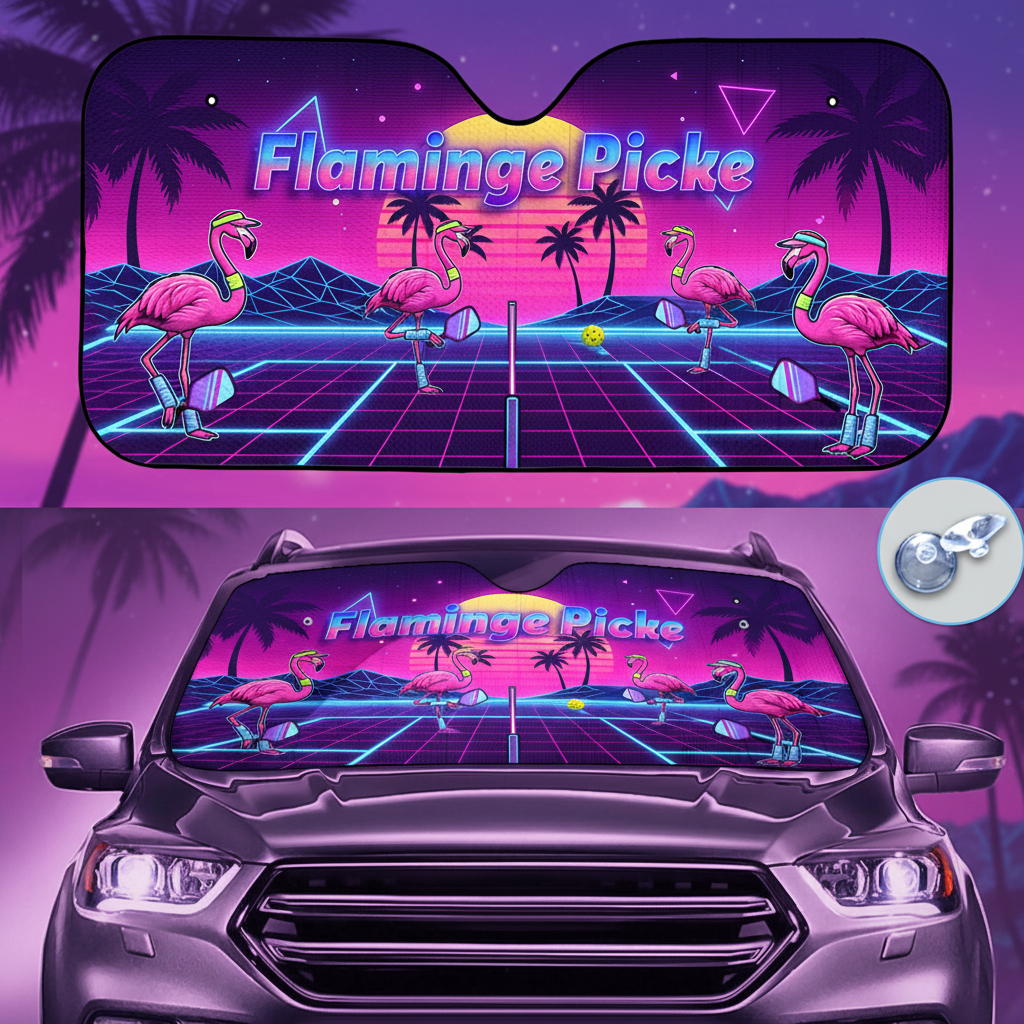 Electric Neon Flamingo Pickleball Car Sun Shade - Universal Windshield UV Protector