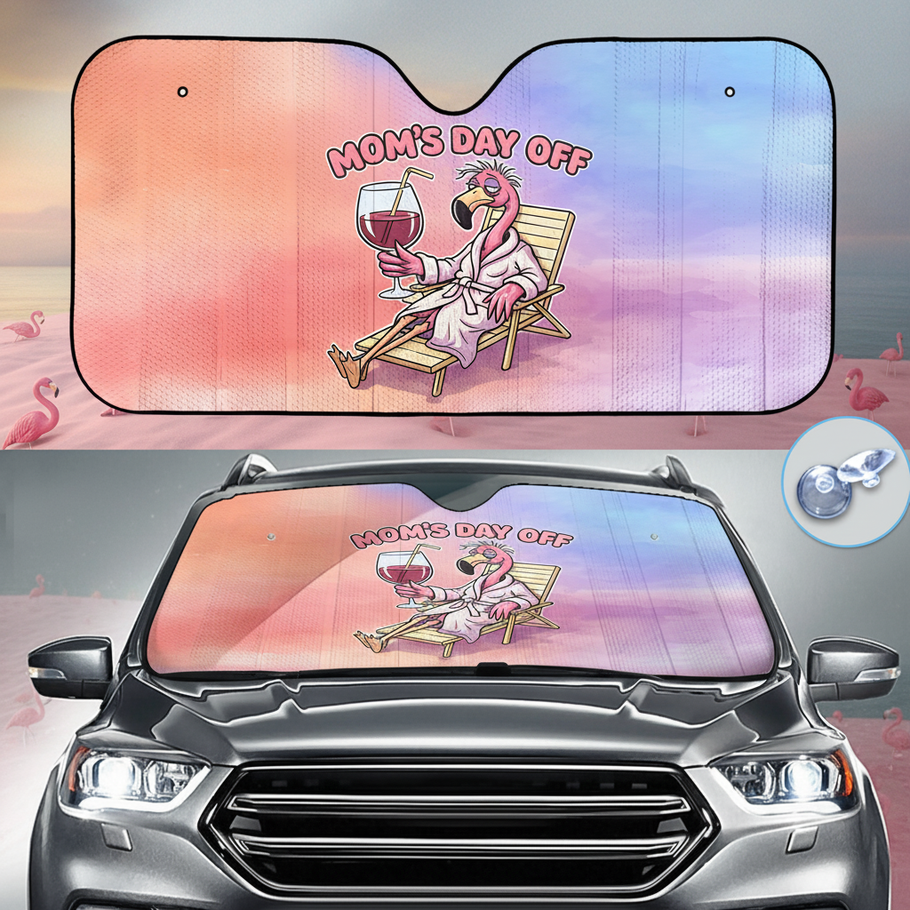 Hilarious Flamingo "Mom's Day Off" Car Sun Shade - Premium Auto Windshield Protector Gift