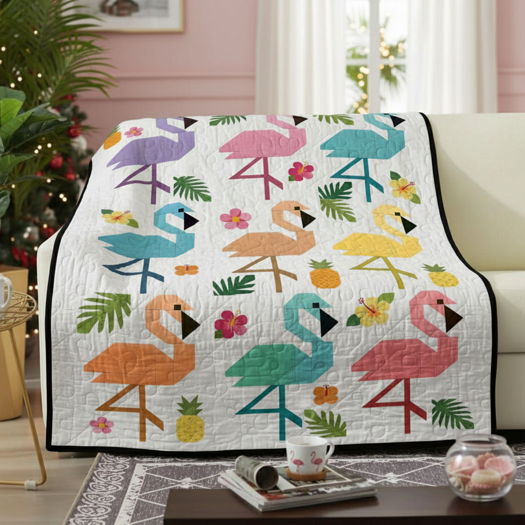 Colorful Geometric Flamingo Quilt - Ultra-Soft Tropical Patchwork Bedding