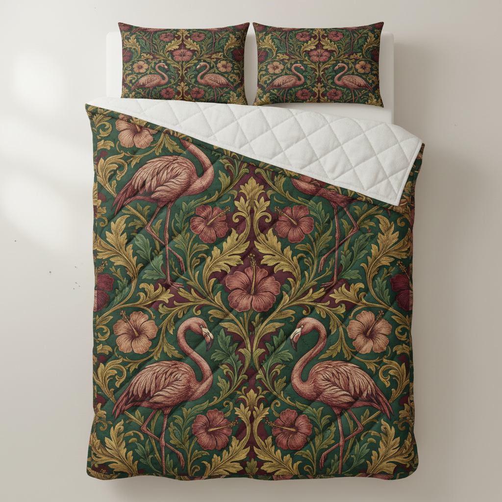 Luxury Vintage Botanical Flamingo Quilt Set - Soft, Hypoallergenic Bedding