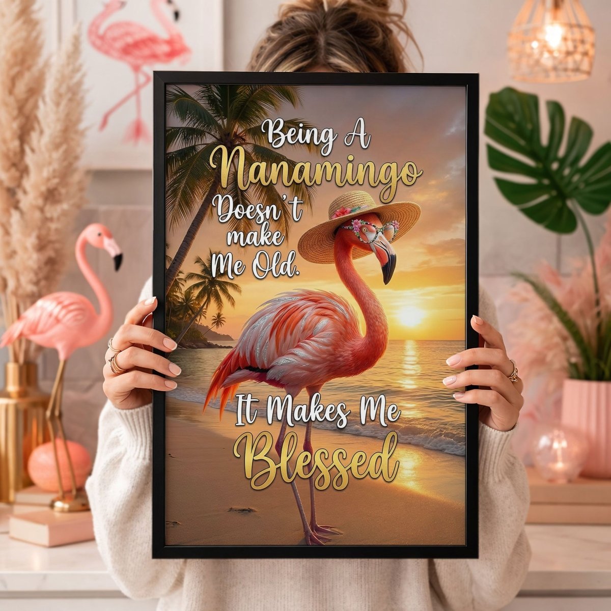 Nanamingo Blessed Flamingo Poster – Tropical Sunset Pink Wall Art - FlamingoAholic
