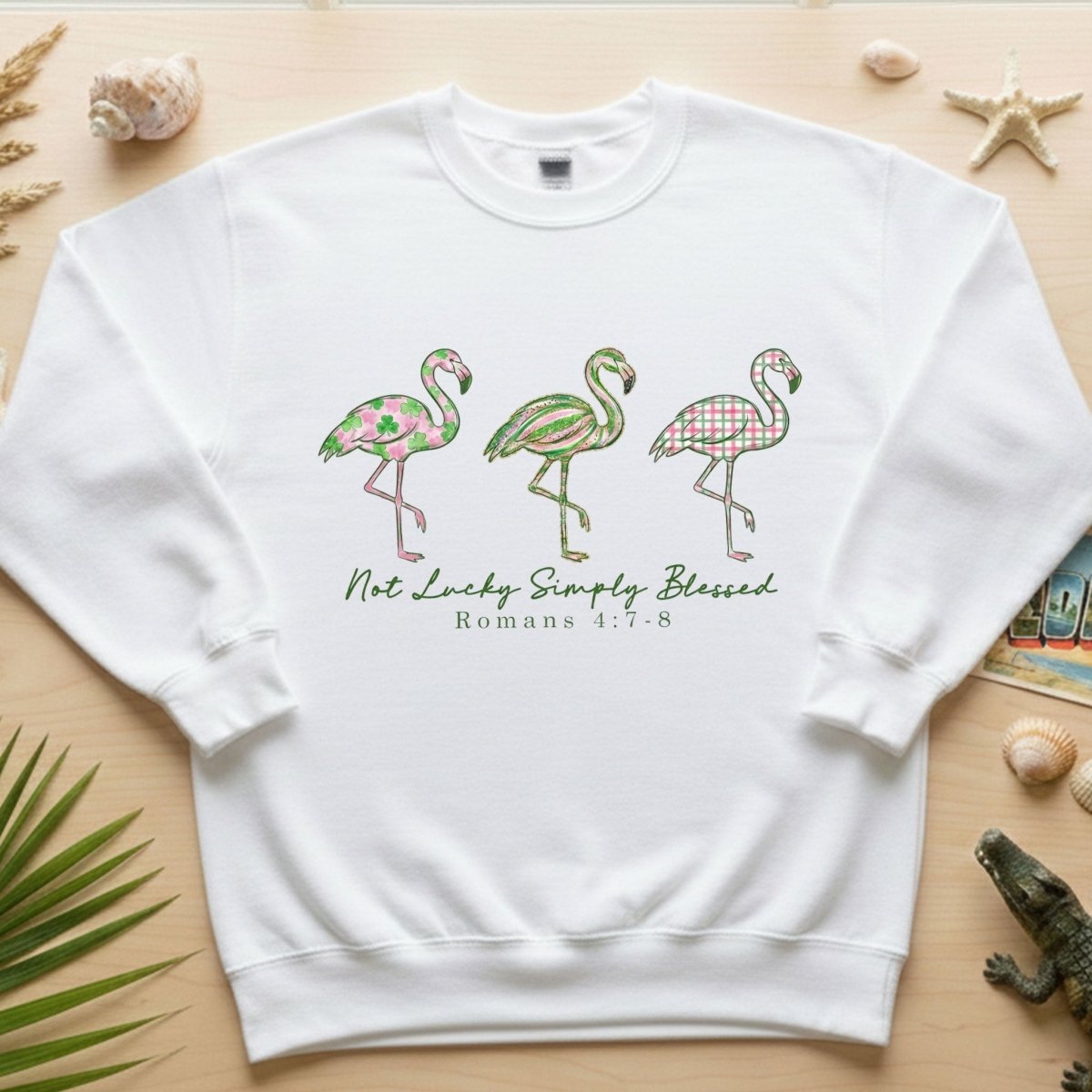 Not Lucky Simply Blessed Flamingo Shirt – Christian Faith Romans 4:7 - 8 Bible Verse Flamingo T-Shirt - FlamingoAholic