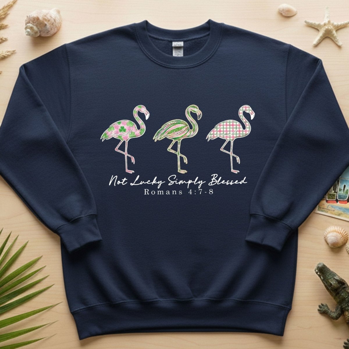 Not Lucky Simply Blessed Flamingo Shirt – Christian Faith Romans 4:7 - 8 Bible Verse Flamingo T-Shirt - FlamingoAholic