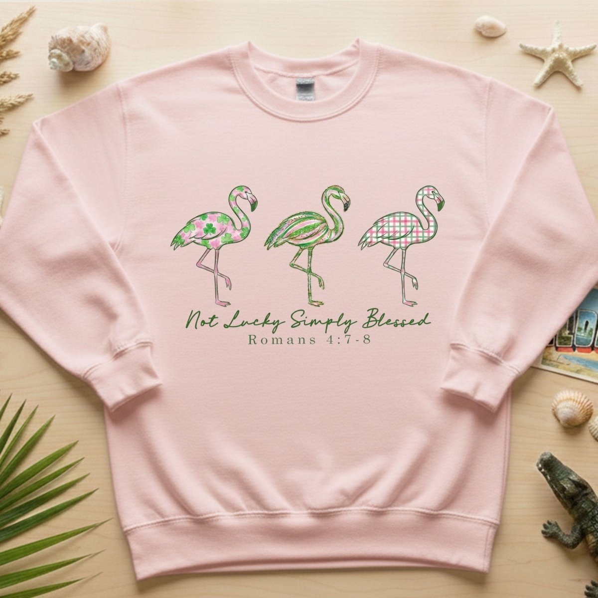 Not Lucky Simply Blessed Flamingo Shirt – Christian Faith Romans 4:7 - 8 Bible Verse Flamingo T-Shirt - FlamingoAholic