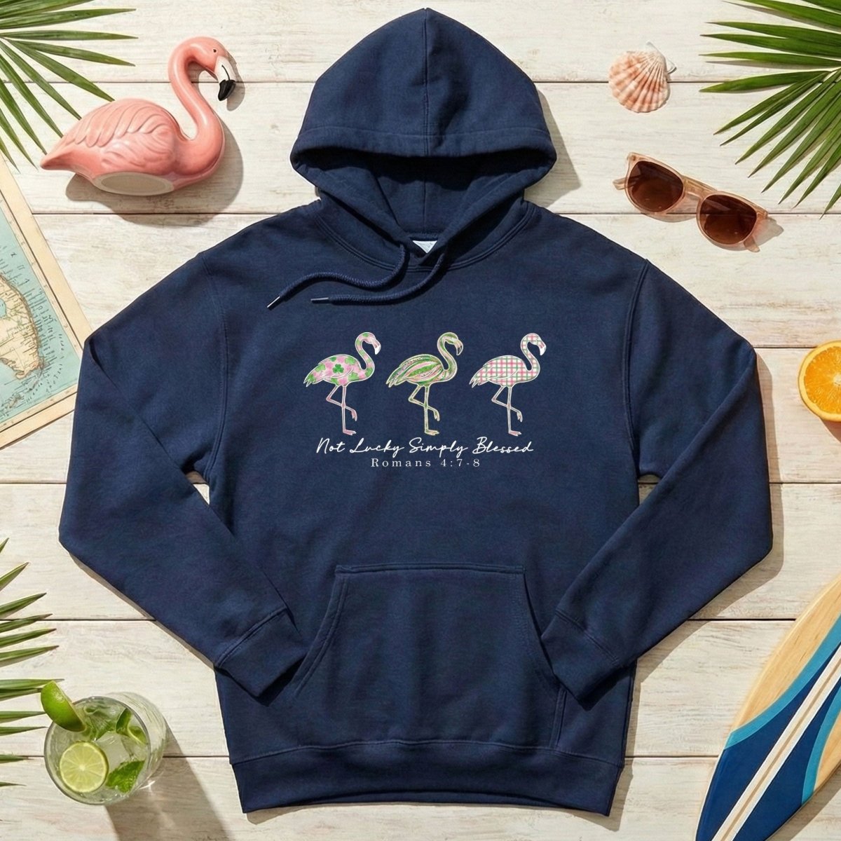 Not Lucky Simply Blessed Flamingo Shirt – Christian Faith Romans 4:7 - 8 Bible Verse Flamingo T-Shirt - FlamingoAholic