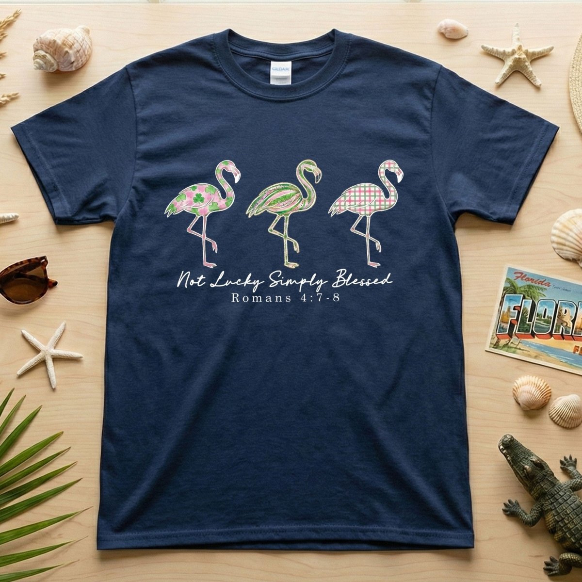 Not Lucky Simply Blessed Flamingo Shirt – Christian Faith Romans 4:7 - 8 Bible Verse Flamingo T-Shirt - FlamingoAholic
