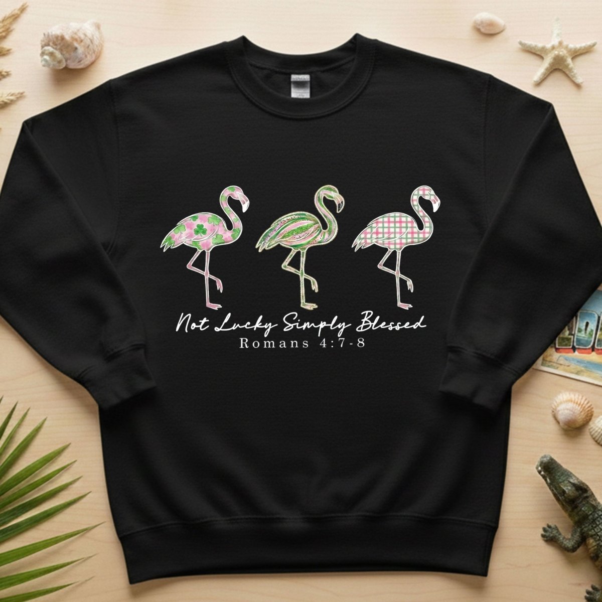 Not Lucky Simply Blessed Flamingo Shirt – Christian Faith Romans 4:7 - 8 Bible Verse Flamingo T-Shirt - FlamingoAholic