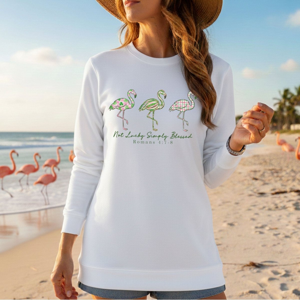 Not Lucky Simply Blessed Flamingo Shirt – Christian Faith Romans 4:7 - 8 Bible Verse Flamingo T-Shirt - FlamingoAholic
