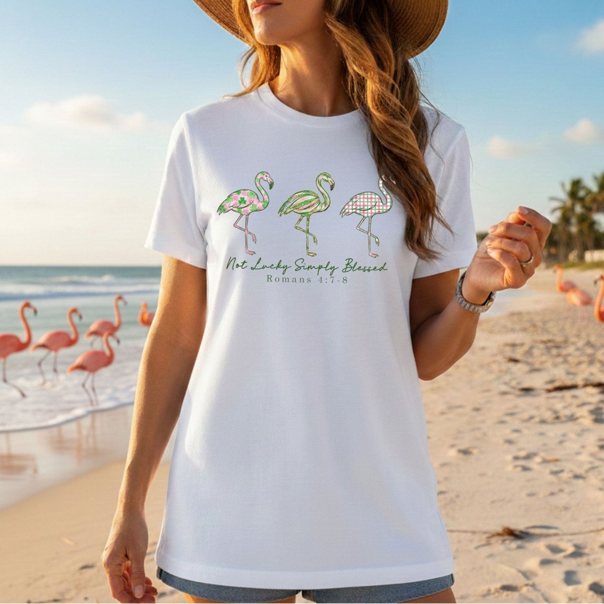 Not Lucky Simply Blessed Flamingo Shirt – Christian Faith Romans 4:7 - 8 Bible Verse Flamingo T-Shirt - FlamingoAholic