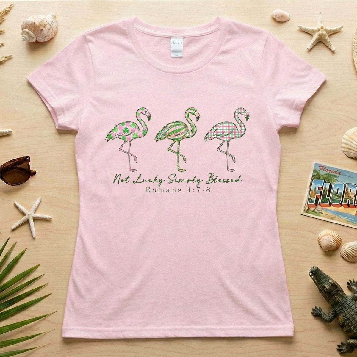 Not Lucky Simply Blessed Flamingo Shirt – Christian Faith Romans 4:7 - 8 Bible Verse Flamingo T-Shirt - FlamingoAholic