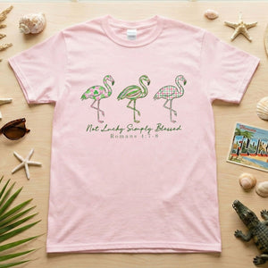 Not Lucky Simply Blessed Flamingo Shirt – Christian Faith Romans 4:7 - 8 Bible Verse Flamingo T-Shirt - FlamingoAholic