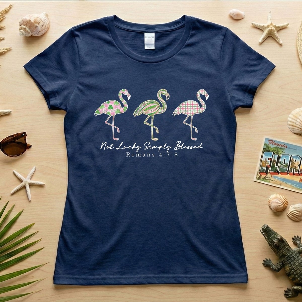 Not Lucky Simply Blessed Flamingo Shirt – Christian Faith Romans 4:7 - 8 Bible Verse Flamingo T-Shirt - FlamingoAholic