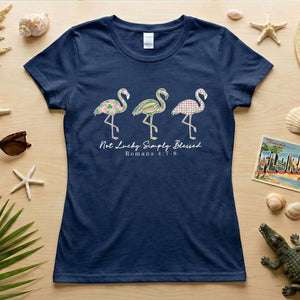 Not Lucky Simply Blessed Flamingo Shirt – Christian Faith Romans 4:7 - 8 Bible Verse Flamingo T-Shirt - FlamingoAholic
