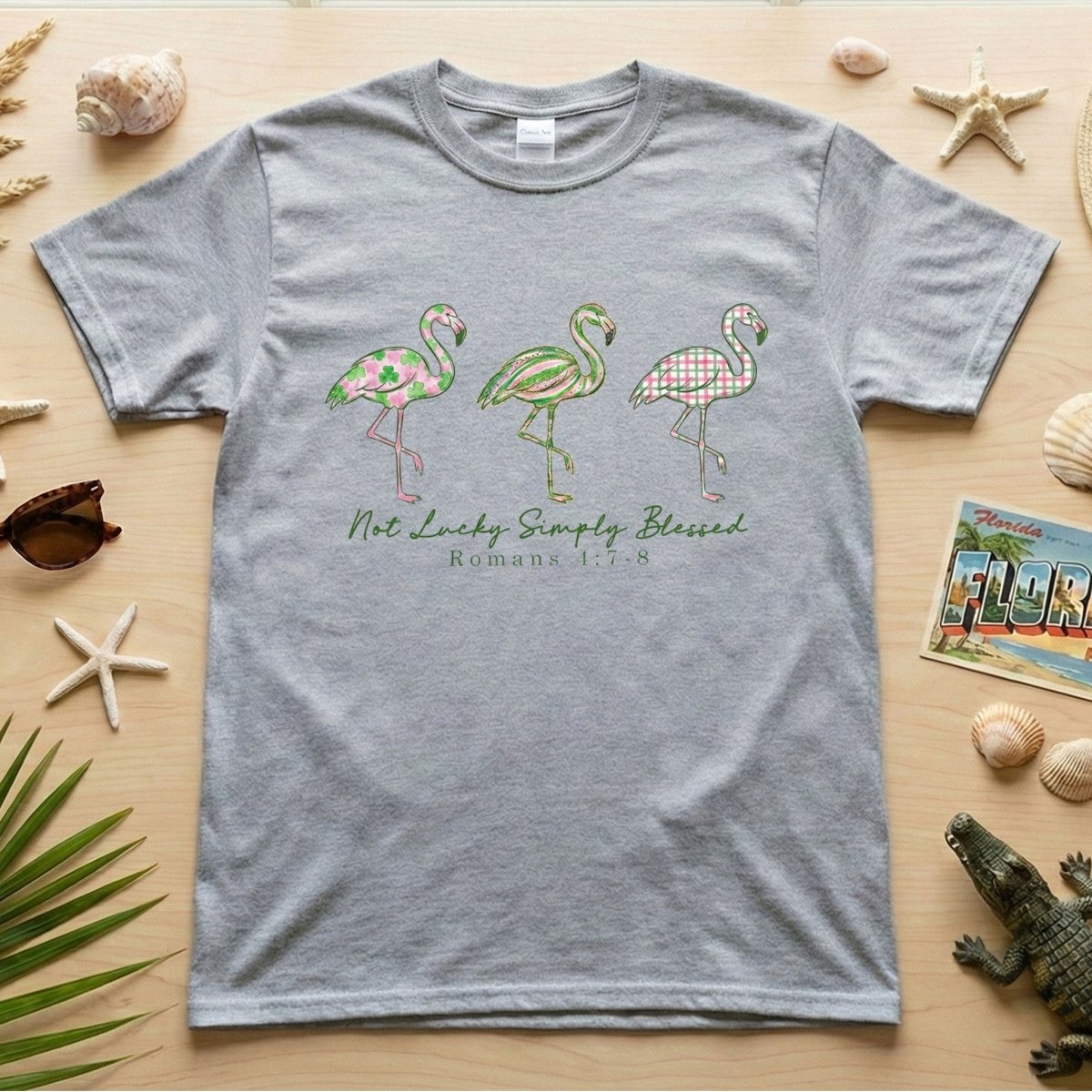 Not Lucky Simply Blessed Flamingo Shirt – Christian Faith Romans 4:7 - 8 Bible Verse Flamingo T-Shirt - FlamingoAholic