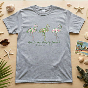 Not Lucky Simply Blessed Flamingo Shirt – Christian Faith Romans 4:7 - 8 Bible Verse Flamingo T-Shirt - FlamingoAholic