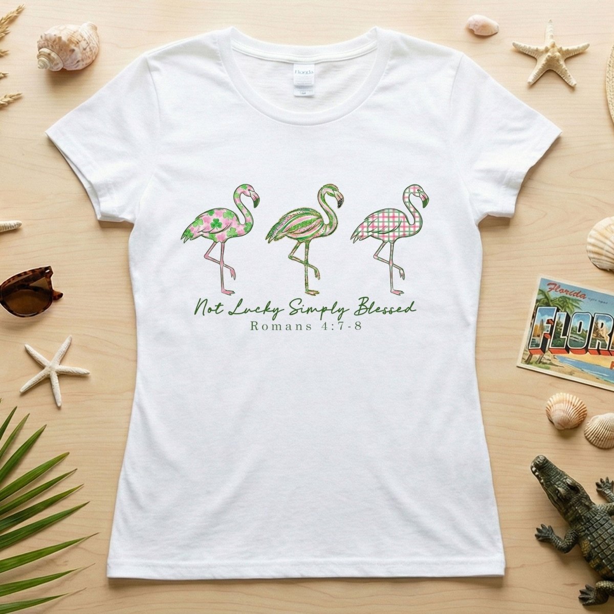 Not Lucky Simply Blessed Flamingo Shirt – Christian Faith Romans 4:7 - 8 Bible Verse Flamingo T-Shirt - FlamingoAholic