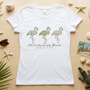 Not Lucky Simply Blessed Flamingo Shirt – Christian Faith Romans 4:7 - 8 Bible Verse Flamingo T-Shirt - FlamingoAholic