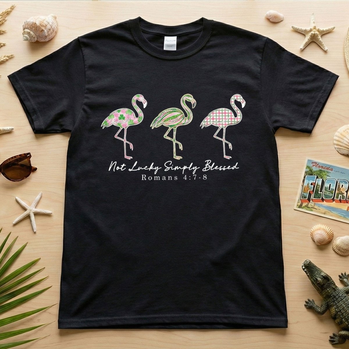 Not Lucky Simply Blessed Flamingo Shirt – Christian Faith Romans 4:7 - 8 Bible Verse Flamingo T-Shirt - FlamingoAholic