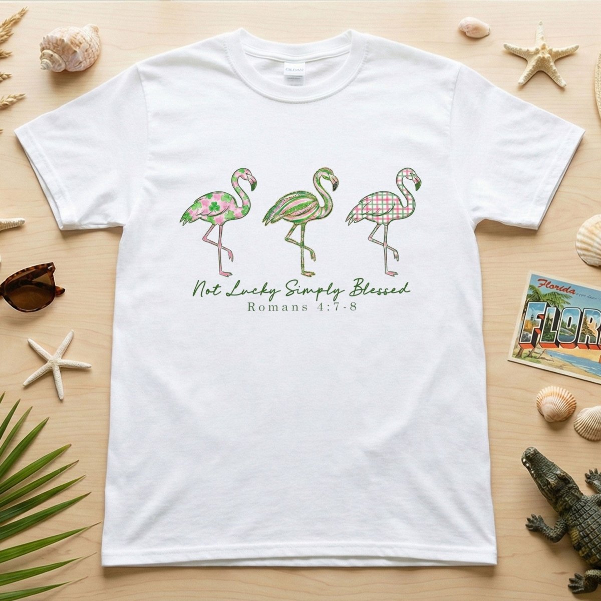 Not Lucky Simply Blessed Flamingo Shirt – Christian Faith Romans 4:7 - 8 Bible Verse Flamingo T-Shirt - FlamingoAholic